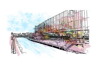 Delft 'in simgesi olan Print Building View Hollanda' da yer almaktadır. Vektör içinde elle çizilmiş çizim eşkali ile suluboya sıçraması.