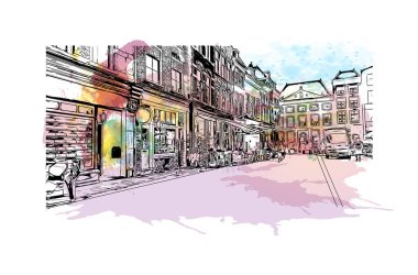 Delft 'in simgesi olan Print Building View Hollanda' da yer almaktadır. Vektör içinde elle çizilmiş çizim eşkali ile suluboya sıçraması.