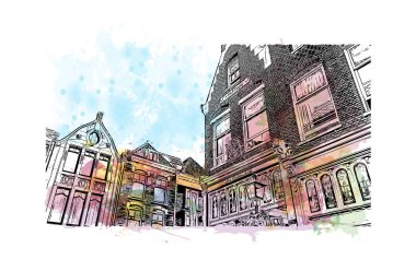 Delft 'in simgesi olan Print Building View Hollanda' da yer almaktadır. Vektör içinde elle çizilmiş çizim eşkali ile suluboya sıçraması.