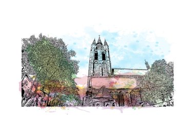 Delft 'in simgesi olan Print Building View Hollanda' da yer almaktadır. Vektör içinde elle çizilmiş çizim eşkali ile suluboya sıçraması.