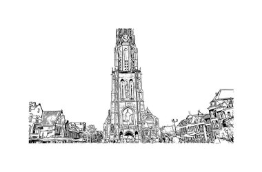 Delft 'in simgesi olan Print Building View Hollanda' da yer almaktadır. Vektörde elle çizilmiş çizim çizimi.