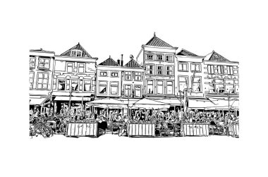 Delft 'in simgesi olan Print Building View Hollanda' da yer almaktadır. Vektörde elle çizilmiş çizim çizimi.