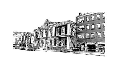 Delft 'in simgesi olan Print Building View Hollanda' da yer almaktadır. Vektörde elle çizilmiş çizim çizimi.