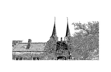 Delft 'in simgesi olan Print Building View Hollanda' da yer almaktadır. Vektörde elle çizilmiş çizim çizimi.