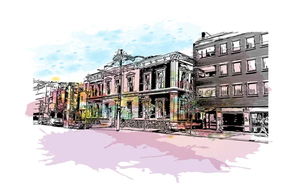 Delft 'in simgesi olan Print Building View Hollanda' da yer almaktadır. Vektör içinde elle çizilmiş çizim eşkali ile suluboya sıçraması.