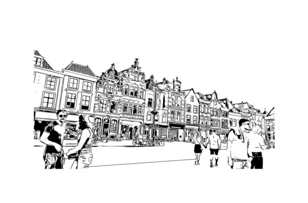 Print Gebouwenzicht Met Oriëntatiepunt Delft Stad Nederland Handgetekende Schets Illustratie — Stockvector