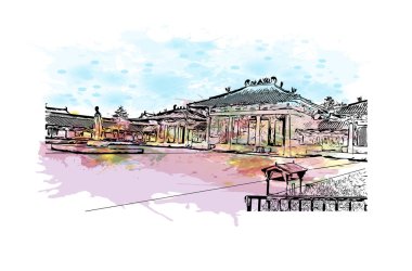 Datong 'un simgesi olan Print Building Manzarası Çin' de bir şehirdir. Vektör içinde elle çizilmiş çizim eşkali ile suluboya sıçraması.