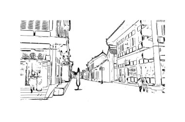 Datong 'un simgesi olan Print Building Manzarası Çin' de bir şehirdir. Vektörde elle çizilmiş çizim çizimi.