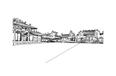 Datong 'un simgesi olan Print Building Manzarası Çin' de bir şehirdir. Vektörde elle çizilmiş çizim çizimi.