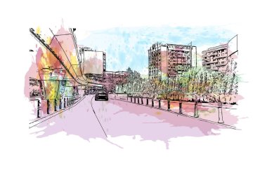 Craiova 'nın tarihi yapısına sahip Print Building Romanya' nın kentidir. Vektör içinde elle çizilmiş çizim eşkali ile suluboya sıçraması.