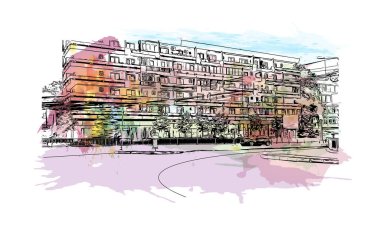 Craiova 'nın tarihi yapısına sahip Print Building Romanya' nın kentidir. Vektör içinde elle çizilmiş çizim eşkali ile suluboya sıçraması.