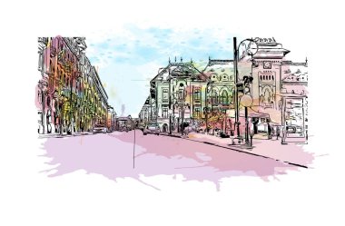 Craiova 'nın tarihi yapısına sahip Print Building Romanya' nın kentidir. Vektör içinde elle çizilmiş çizim eşkali ile suluboya sıçraması.