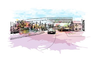 Craiova 'nın tarihi yapısına sahip Print Building Romanya' nın kentidir. Vektör içinde elle çizilmiş çizim eşkali ile suluboya sıçraması.