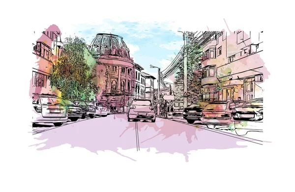 Craiova 'nın tarihi yapısına sahip Print Building Romanya' nın kentidir. Vektör içinde elle çizilmiş çizim eşkali ile suluboya sıçraması.