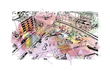 Corpus Christi 'nin simgesi olan Print Building View, Meksika Körfezi' nde bir Teksas şehridir. Vektör içinde el çizimi çizimi eşkali ile suluboya sıçraması.