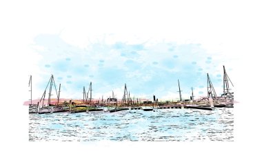 Corpus Christi 'nin simgesi olan Print Building View, Meksika Körfezi' nde bir Teksas şehridir. Vektör içinde el çizimi çizimi eşkali ile suluboya sıçraması.