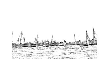 Corpus Christi 'nin simgesi olan Print Building View, Meksika Körfezi' nde bir Teksas şehridir. Vektörde elle çizilmiş çizim çizimi.