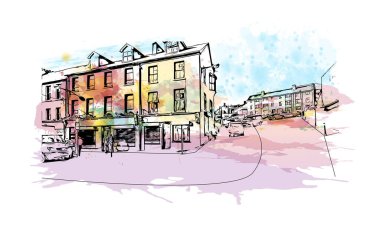 Print Building view with landmark of Cork, İrlanda 'nın en büyük ikinci şehridir. Vektör içinde el çizimi çizimi eşkali ile suluboya sıçraması.