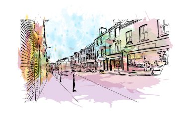 Print Building view with landmark of Cork, İrlanda 'nın en büyük ikinci şehridir. Vektör içinde el çizimi çizimi eşkali ile suluboya sıçraması.