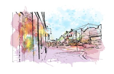 Print Building view with landmark of Cork, İrlanda 'nın en büyük ikinci şehridir. Vektör içinde el çizimi çizimi eşkali ile suluboya sıçraması.