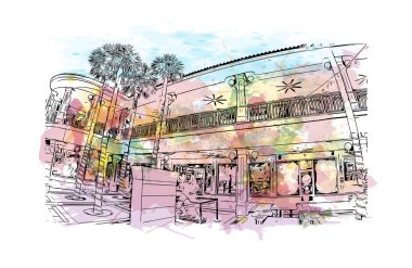  Clearwater manzaralı Print Building, Florida 'da bir şehirdir. Vektör içinde elle çizilmiş çizim eşkali ile suluboya sıçraması.