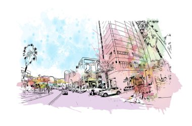  Clearwater manzaralı Print Building, Florida 'da bir şehirdir. Vektör içinde elle çizilmiş çizim eşkali ile suluboya sıçraması.