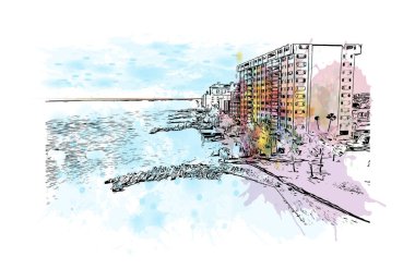  Clearwater manzaralı Print Building, Florida 'da bir şehirdir. Vektör içinde elle çizilmiş çizim eşkali ile suluboya sıçraması.