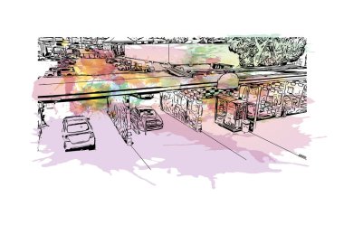 Print Building view with landmark of Daly City, California 'nın en kalabalık şehridir. Vektör içinde elle çizilmiş çizim eşkali ile suluboya sıçraması.