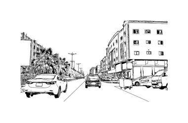 Dammam 'ın simgesi olan Print Building View Suudi Arabistan' da yer almaktadır. Vektörde elle çizilmiş çizim çizimi.