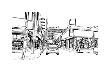 Dammam 'ın simgesi olan Print Building View Suudi Arabistan' da yer almaktadır. Vektörde elle çizilmiş çizim çizimi.