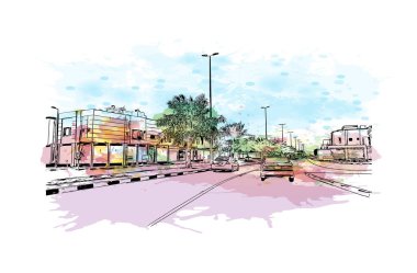 Dammam 'ın simgesi olan Print Building View Suudi Arabistan' da yer almaktadır. Vektör içinde elle çizilmiş çizim eşkali ile suluboya sıçraması.