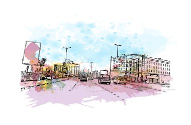 Dammam 'ın simgesi olan Print Building View Suudi Arabistan' da yer almaktadır. Vektör içinde elle çizilmiş çizim eşkali ile suluboya sıçraması.