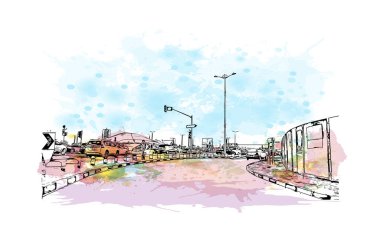 Dammam 'ın simgesi olan Print Building View Suudi Arabistan' da yer almaktadır. Vektör içinde elle çizilmiş çizim eşkali ile suluboya sıçraması.