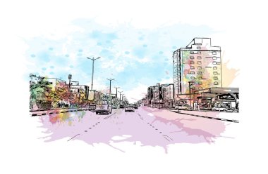 Dammam 'ın simgesi olan Print Building View Suudi Arabistan' da yer almaktadır. Vektör içinde elle çizilmiş çizim eşkali ile suluboya sıçraması.