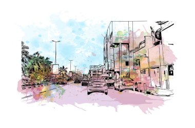 Dammam 'ın simgesi olan Print Building View Suudi Arabistan' da yer almaktadır. Vektör içinde elle çizilmiş çizim eşkali ile suluboya sıçraması.