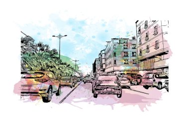 Dammam 'ın simgesi olan Print Building View Suudi Arabistan' da yer almaktadır. Vektör içinde elle çizilmiş çizim eşkali ile suluboya sıçraması.