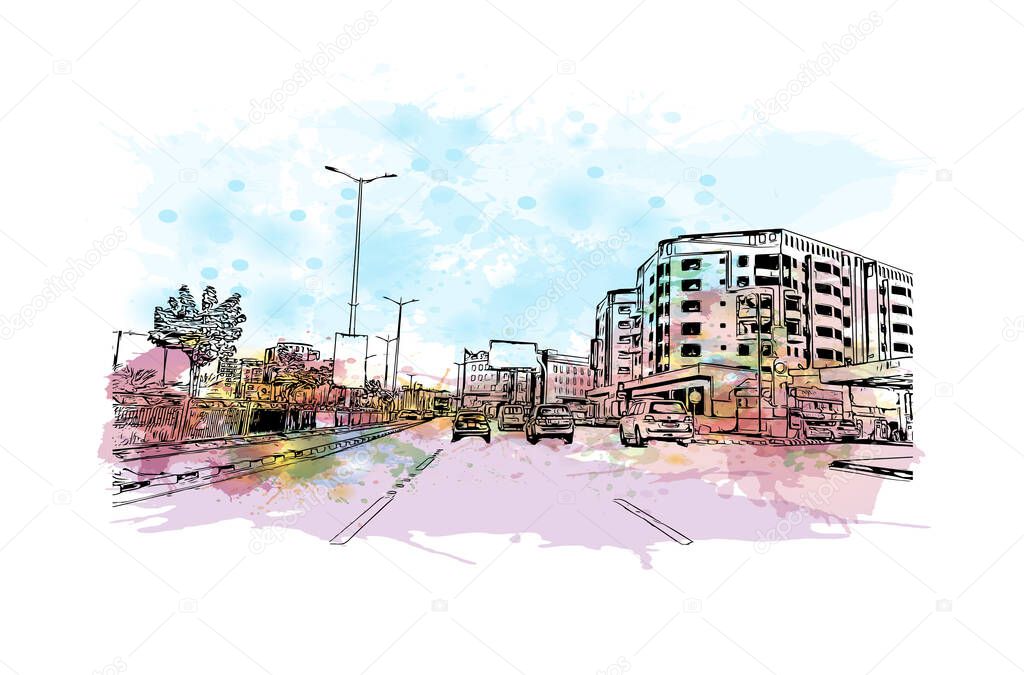 Print Building view with landmark of Dammam is the city in Saudi Arabia. Watercolour splash with hand drawn sketch illustration in vector.