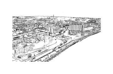 Derry 'nin simgesi olan Print Building View Kuzey İrlanda' da yer almaktadır. Vektörde elle çizilmiş çizim çizimi.