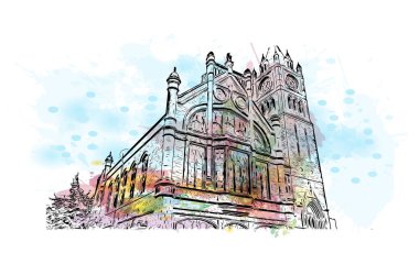 Derry 'nin simgesi olan Print Building View Kuzey İrlanda' da yer almaktadır. Vektör içinde elle çizilmiş çizim eşkali ile suluboya sıçraması.