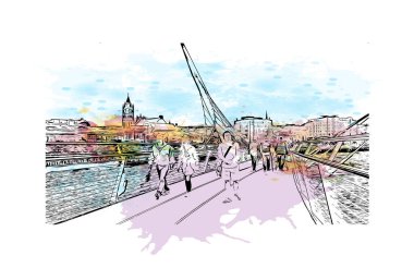 Derry 'nin simgesi olan Print Building View Kuzey İrlanda' da yer almaktadır. Vektör içinde elle çizilmiş çizim eşkali ile suluboya sıçraması.