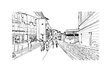 Derry 'nin simgesi olan Print Building View Kuzey İrlanda' da yer almaktadır. Vektörde elle çizilmiş çizim çizimi.