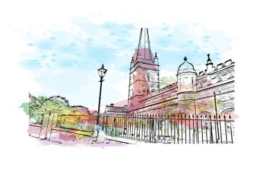 Derry 'nin simgesi olan Print Building View Kuzey İrlanda' da yer almaktadır. Vektör içinde elle çizilmiş çizim eşkali ile suluboya sıçraması.