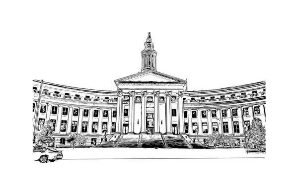 Print Building View Landmark Denver Capital Colorado Hand Drawn Sketch — Stock Vector
