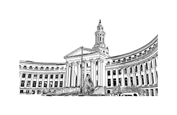 Print Building View Landmark Denver Huvudstaden Colorado Handritad Skiss Illustration — Stock vektor