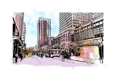 Denver manzaralı Print Building Colorado 'da bir şehirdir. Vektör içinde elle çizilmiş çizim eşkali ile suluboya sıçraması.