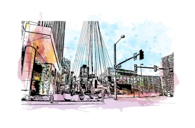 Denver manzaralı Print Building Colorado 'da bir şehirdir. Vektör içinde elle çizilmiş çizim eşkali ile suluboya sıçraması.