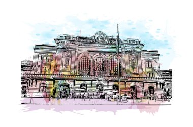 Denver manzaralı Print Building Colorado 'da bir şehirdir. Vektör içinde elle çizilmiş çizim eşkali ile suluboya sıçraması.