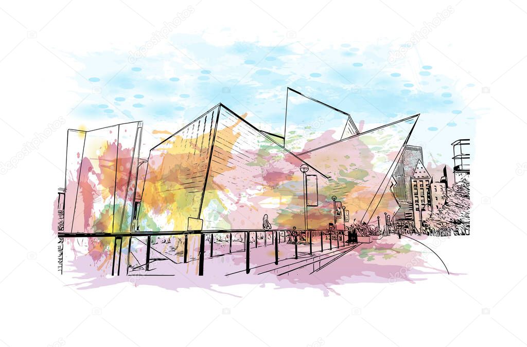 Print Building view with landmark of Denver is the city in Colorado. Watercolour splash with hand drawn sketch illustration in vector.