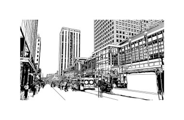 Denver manzaralı Print Building Colorado 'da bir şehirdir. Vektörde elle çizilmiş çizim çizimi.