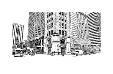 Denver manzaralı Print Building Colorado 'da bir şehirdir. Vektörde elle çizilmiş çizim çizimi.